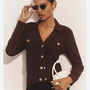Maeve Burgundy Cardigan with Gold Buttons - Elevated Office Wear - Size L
